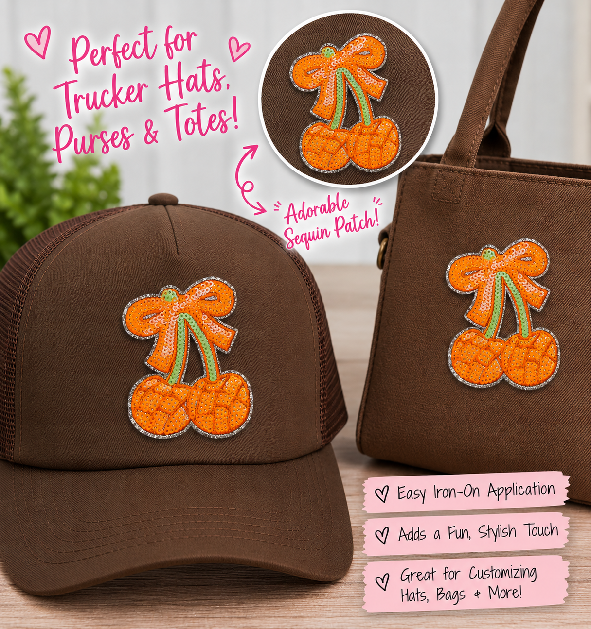 Sparkly Orange Cherry Bow Iron On Patch