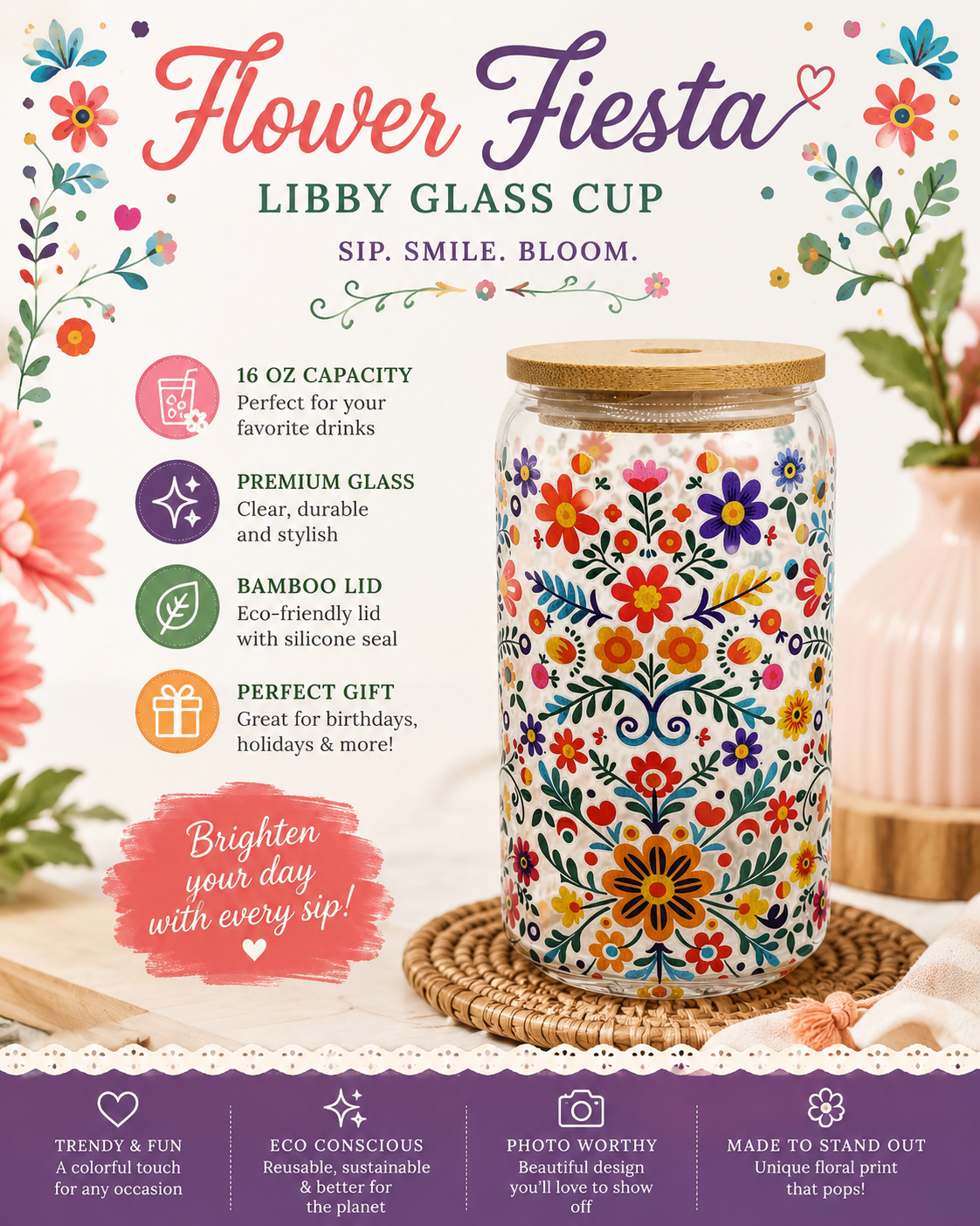 Embroidered Design Glass Cup with Straw