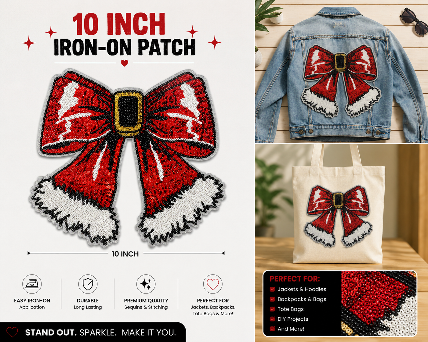 Red Santa Bow Iron on Patch