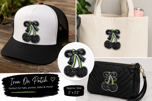 Sparkly Black Cherry Bow Iron On Patch