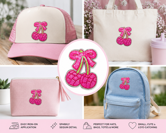 Sparkly Pink Cherry Bow Iron On Patch