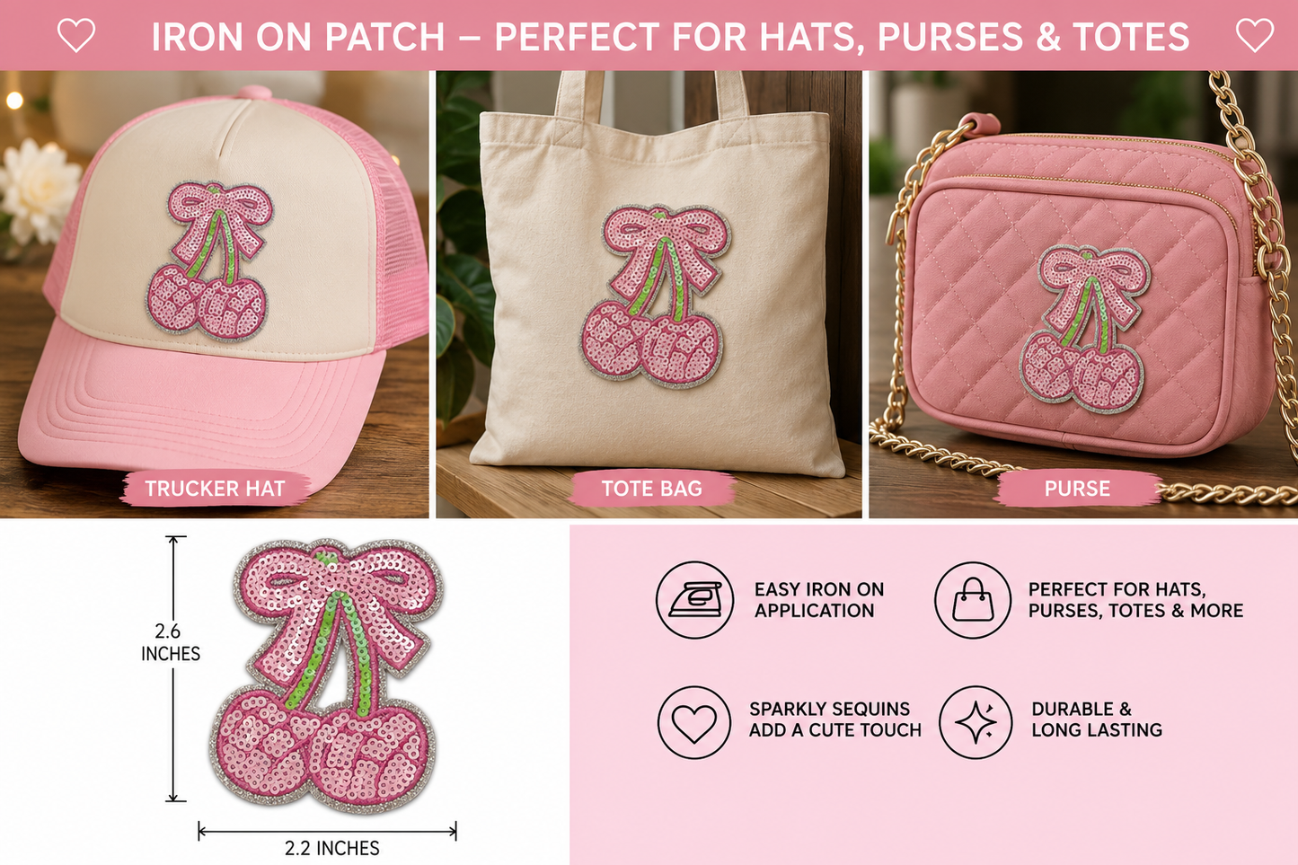 Sparkly Light Pink Cherry Bow Iron On Patch