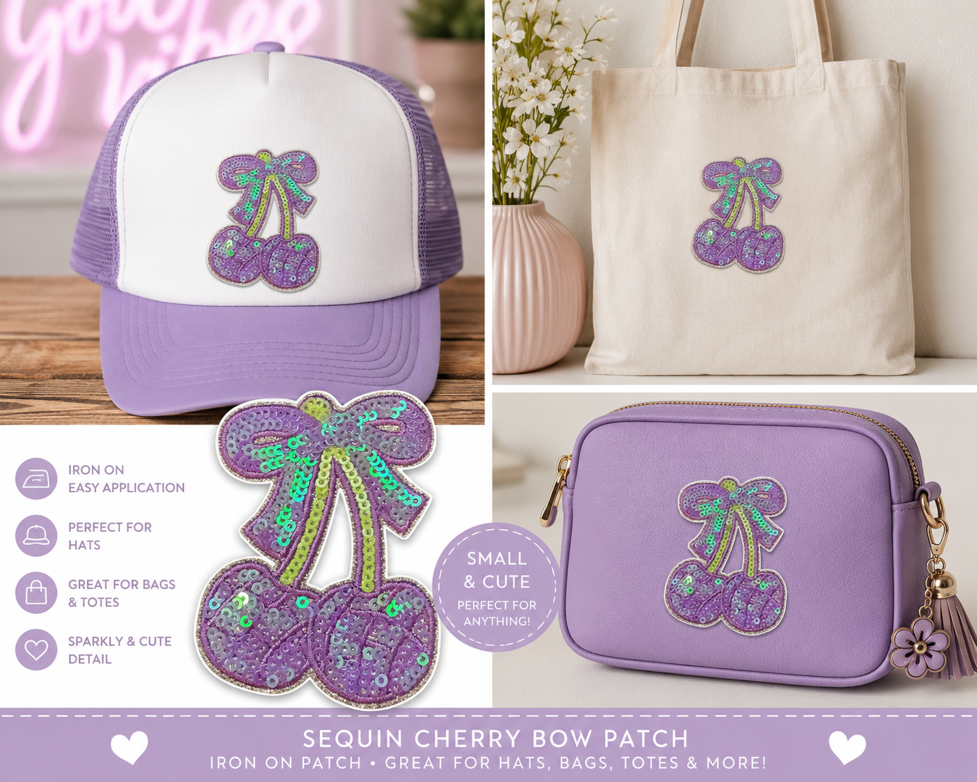 Sparkly Lavender Cherry Bow Iron On Patch