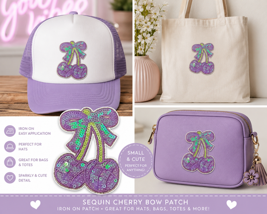 Sparkly Lavender Cherry Bow Iron On Patch