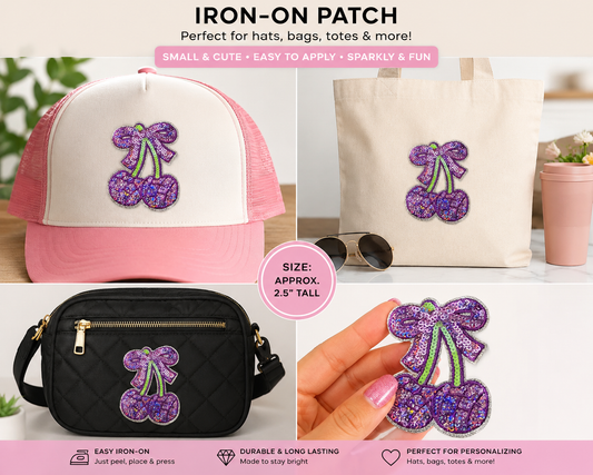 Sparkly Violet Cherry Bow Iron On Patch