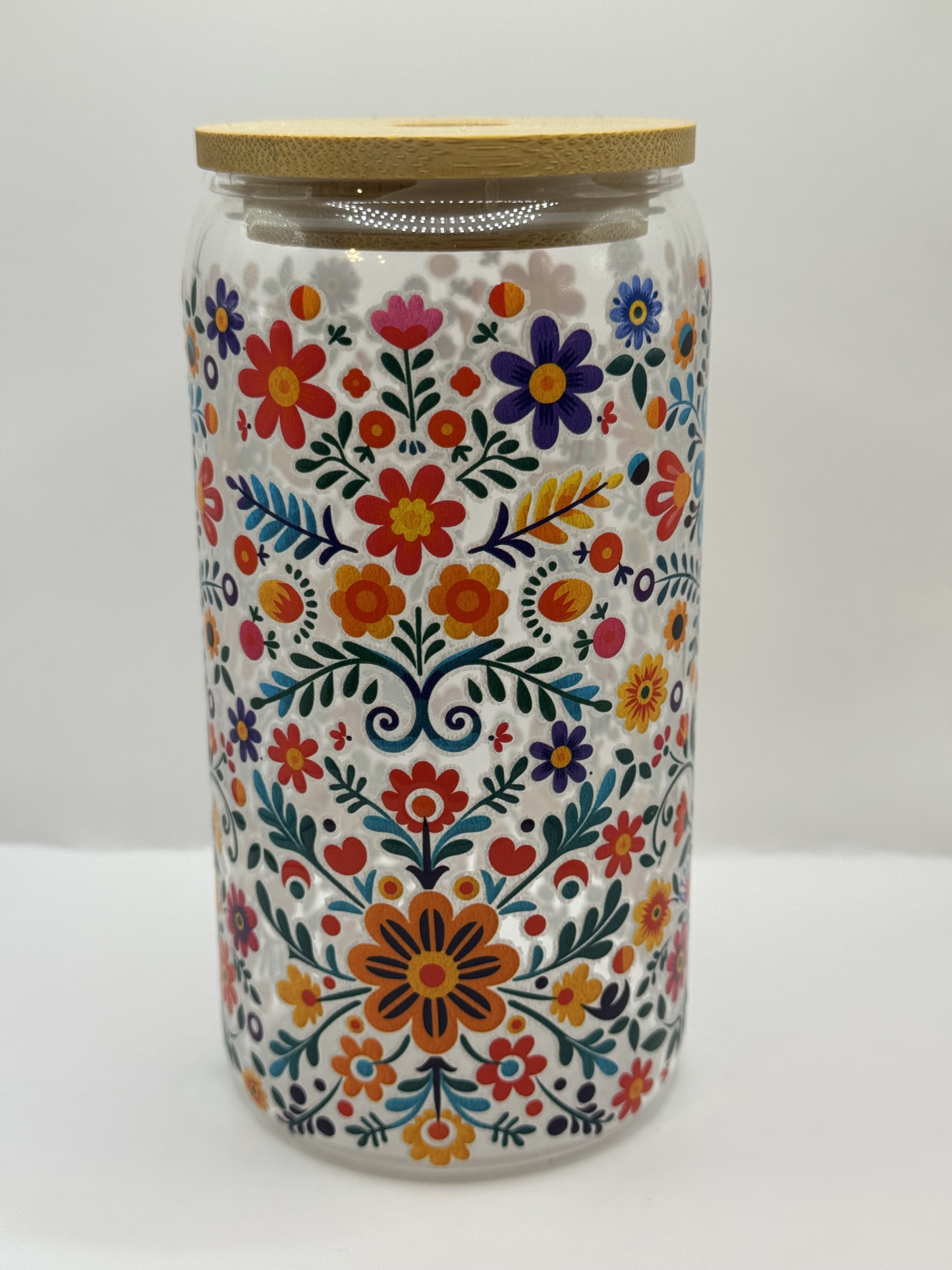 Embroidered Design Glass Cup with Straw