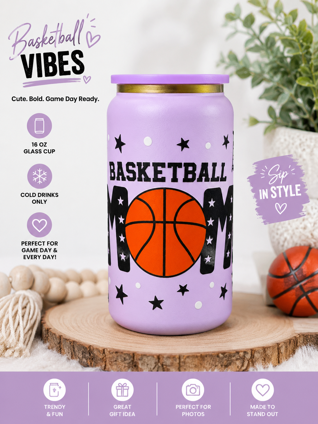 Basketball Mom with lid and Straw