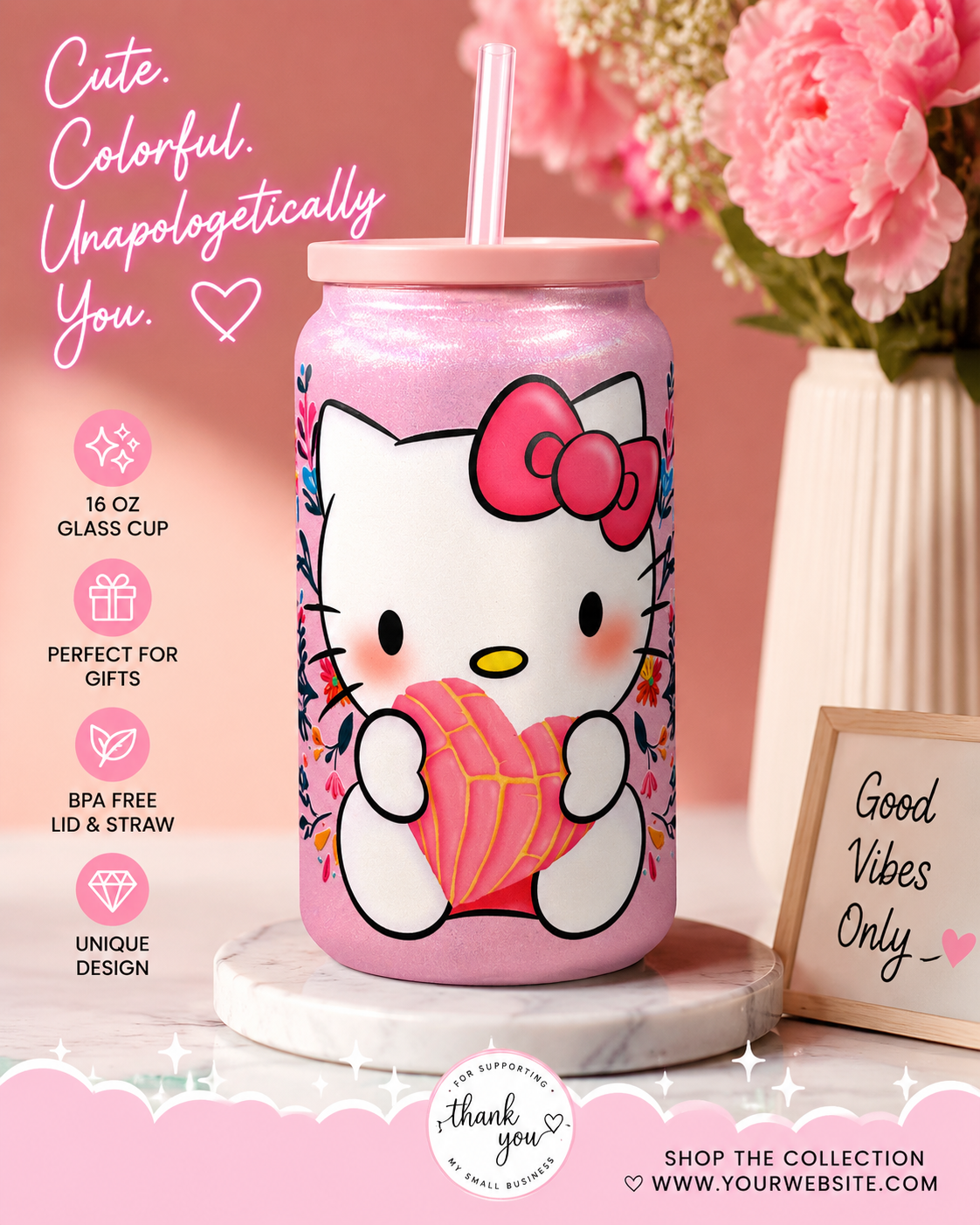 Hello Kitty Concha Cup with Lid and Straw