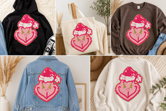 Pink Grinch Chenille iron on Patch